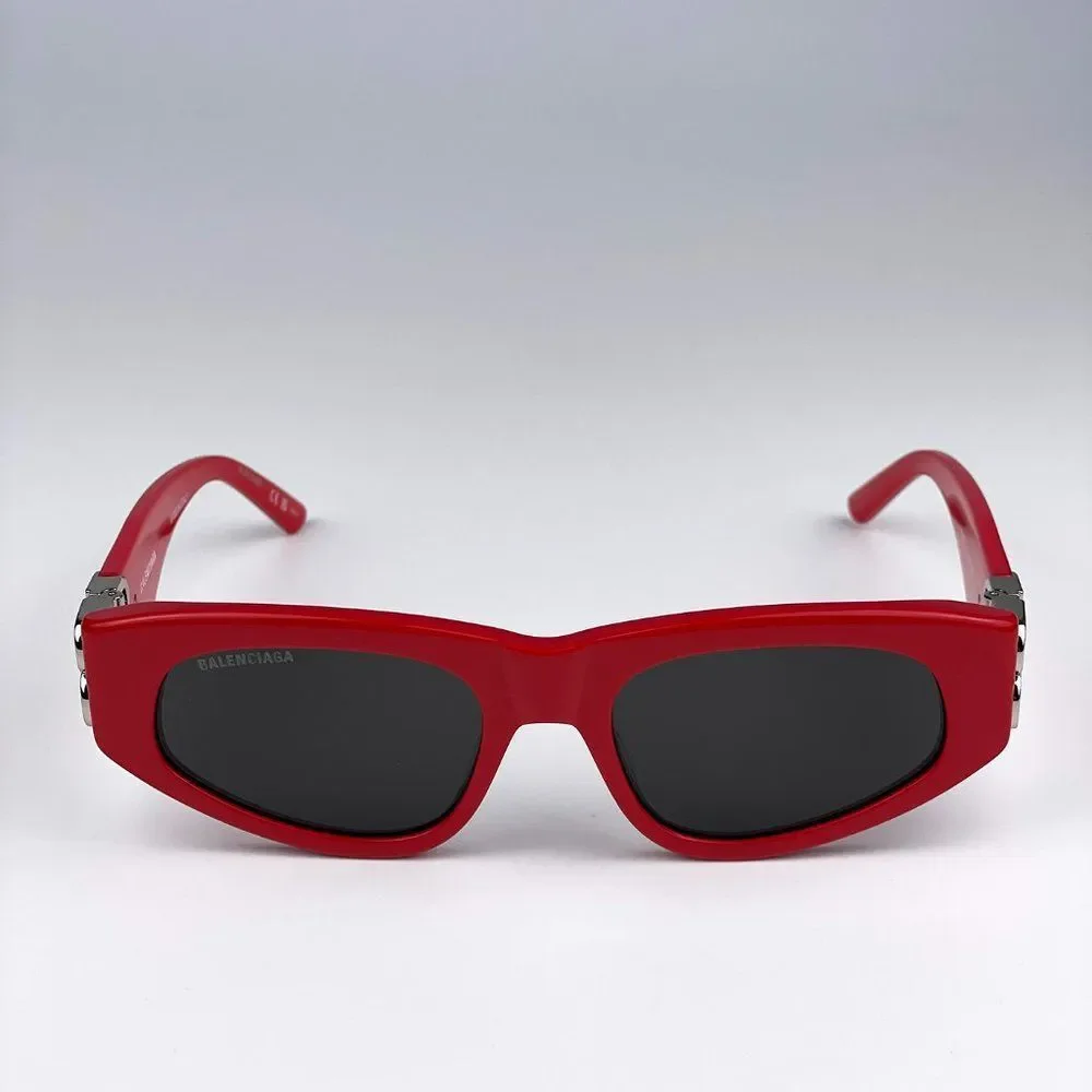 Balenciaga BB0095S 016 Sunglasses Red Silver Logo Grey Cat Eye Unisex